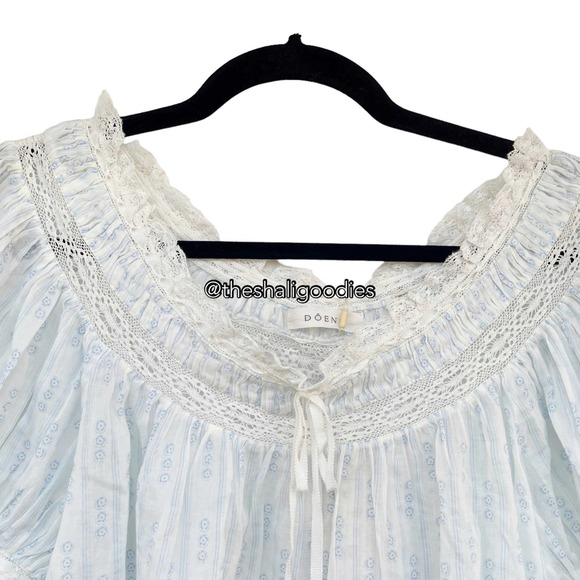 DOEN Misty Top White Blue Floral Lace Trim Cotton Blouse - Picture 8 of 10